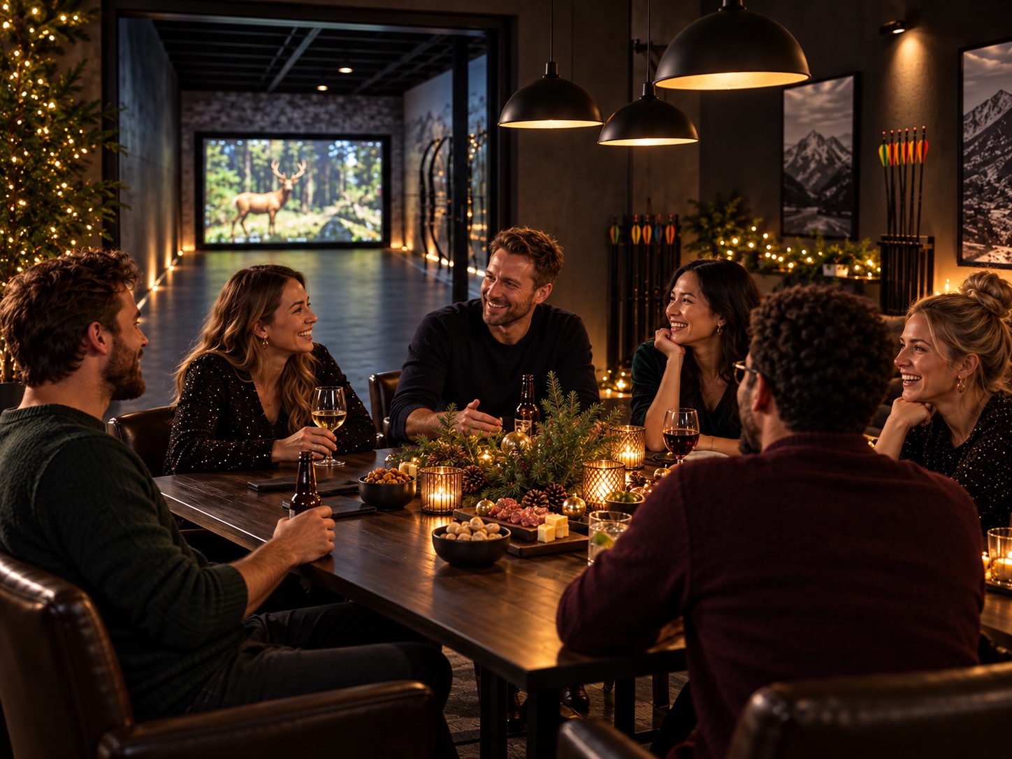 Eine Gruppe sitzt gemeinsam im Eventroom neben der beleuchteten Bogenarena