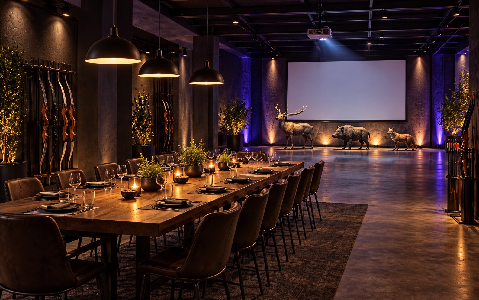 Eventroom mit langer Tafel, Beamer und 3D-Zielen